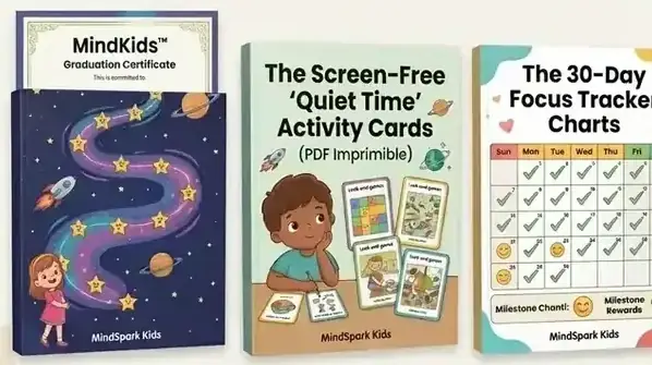 Free MindKids bonuses: graduation certificate, calm-time cards, and 30-day focus tracker