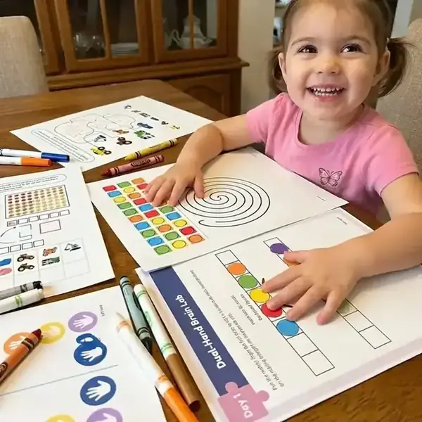 Happy child using MindKids printable brain activities at home