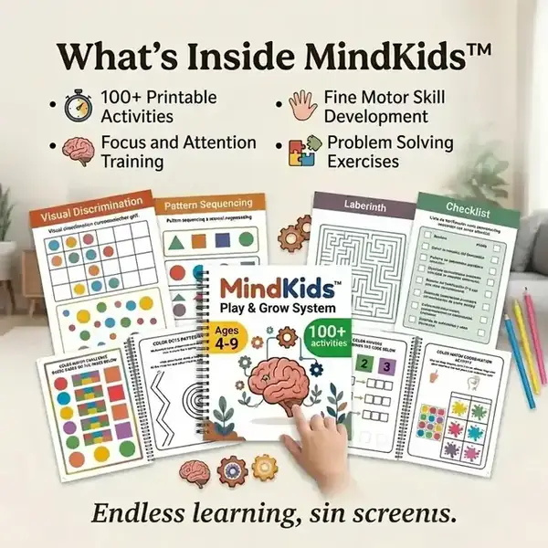 What's inside MindKids: printable focus cards, patterns, mazes, and motor skills