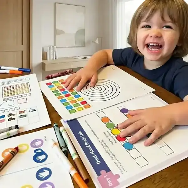 Happy child using MindKids printable brain activities at home